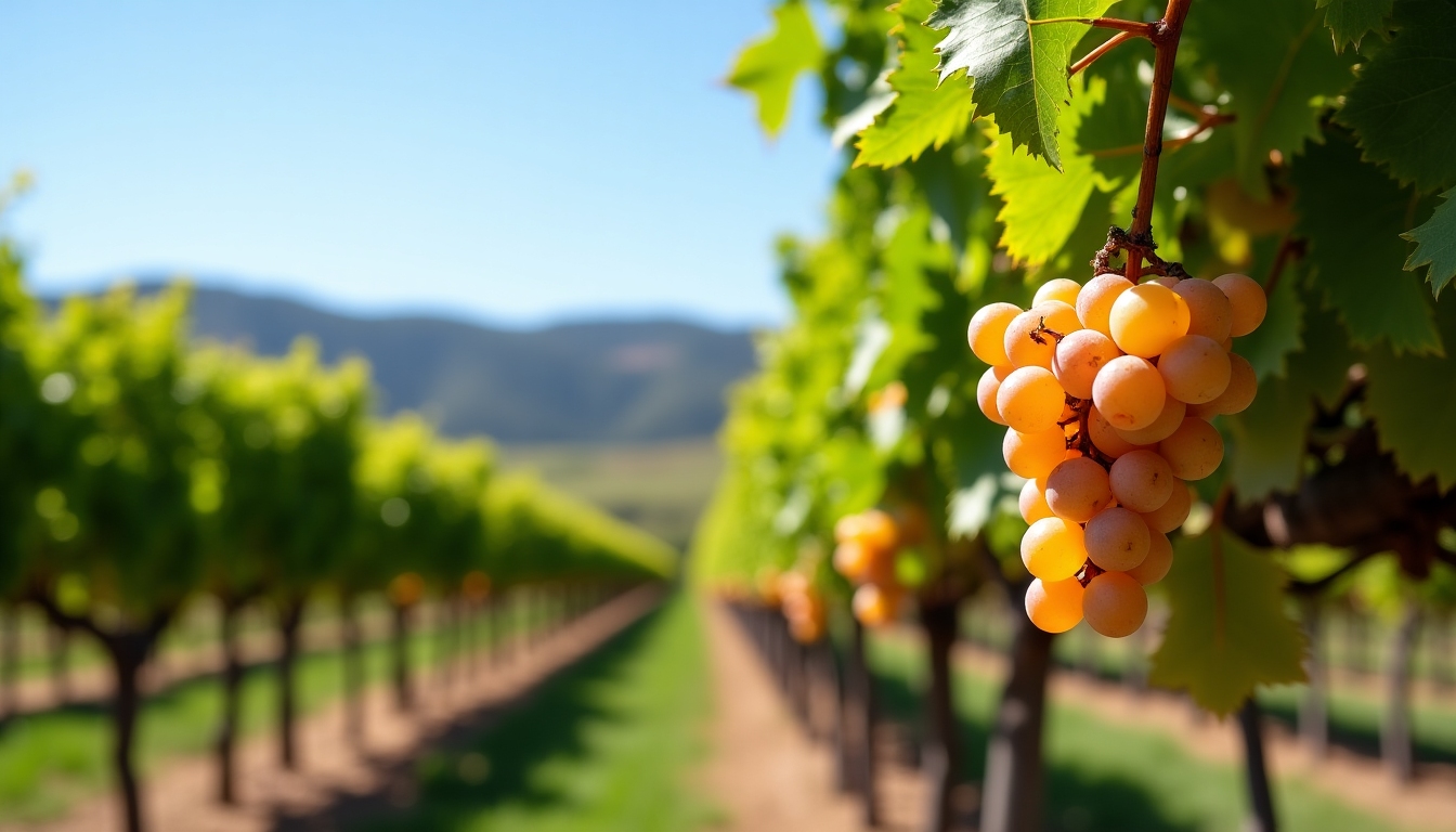 Vineyards stretching across a gentle hillside under a clear blue sky.