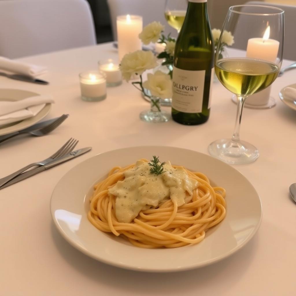 Dining table with fettuccine Alfredo, a glass of Chardonnay, and white flowers under candlelight