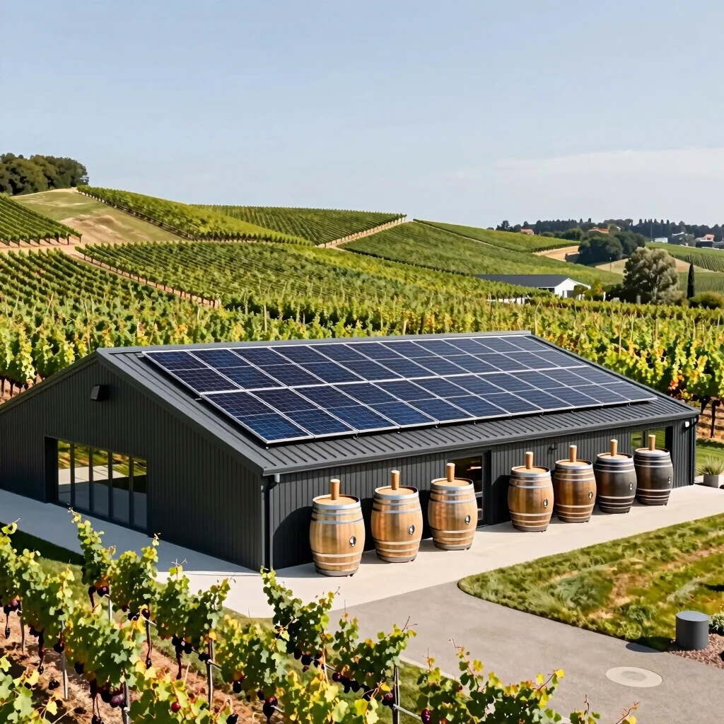 Eco-friendly winery building with solar panels amid vineyards at Jackson Family Wines