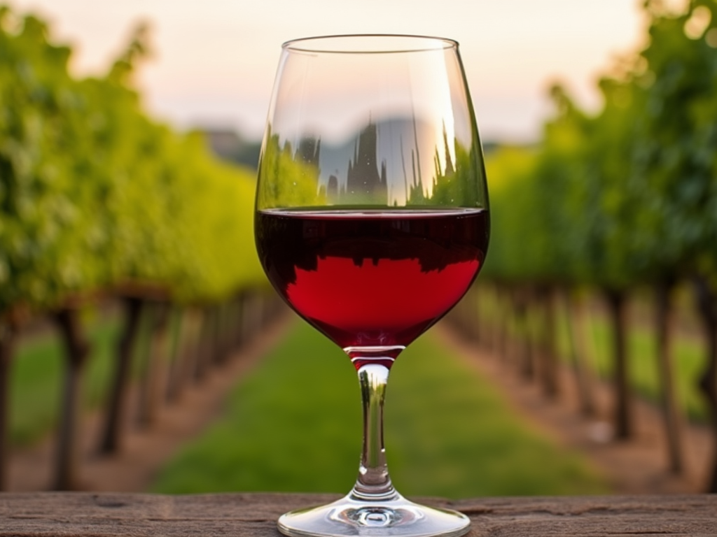 Red wine glass with vineyard backdrop