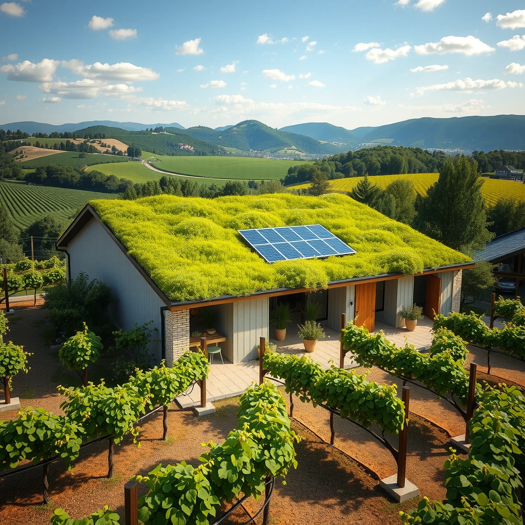 Modern sustainable winery with green roof and solar panels