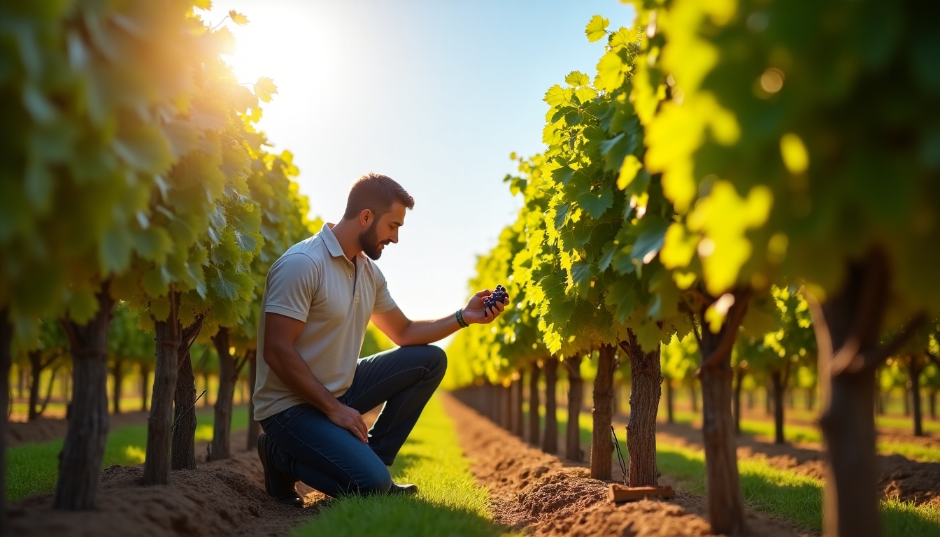 Winemaker checking grapes in sunny vineyard