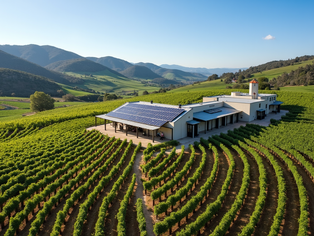Aerial view of a sustainable vineyard with solar panels and drip irrigation
