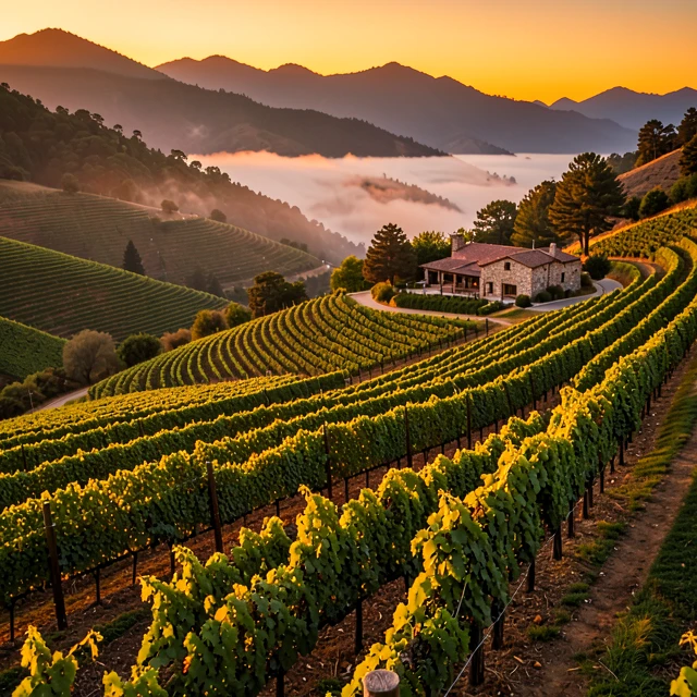 Aerial view of Napa Valley vineyards at sunset