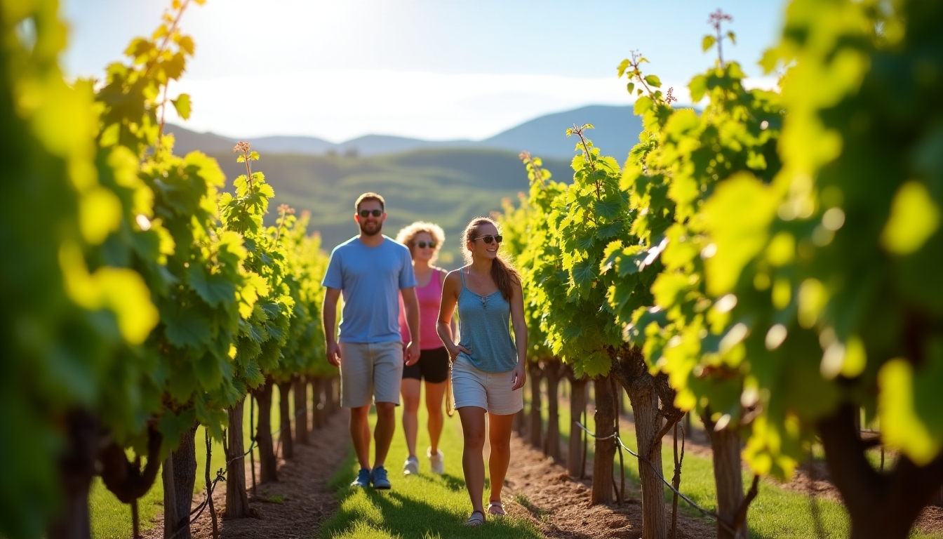 Tourists walking through a vineyard during a guided tour in the summer, showcasing vibrant grapevines.