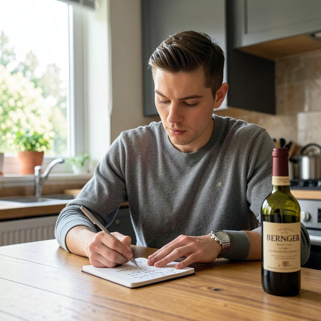 Beginner taking wine tasting notes at home