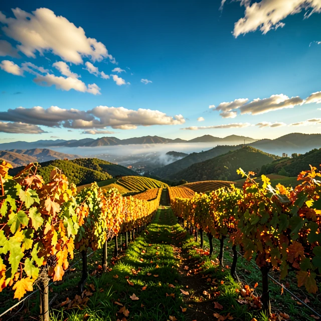 Autumn vineyards in Napa Valley with golden leaves and rolling hills