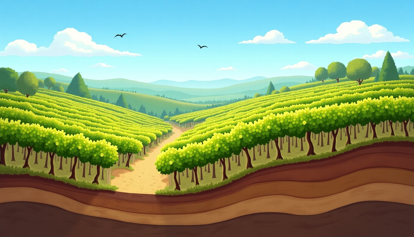 A vineyard showcasing the elements of terroir: soil, climate, and topography.