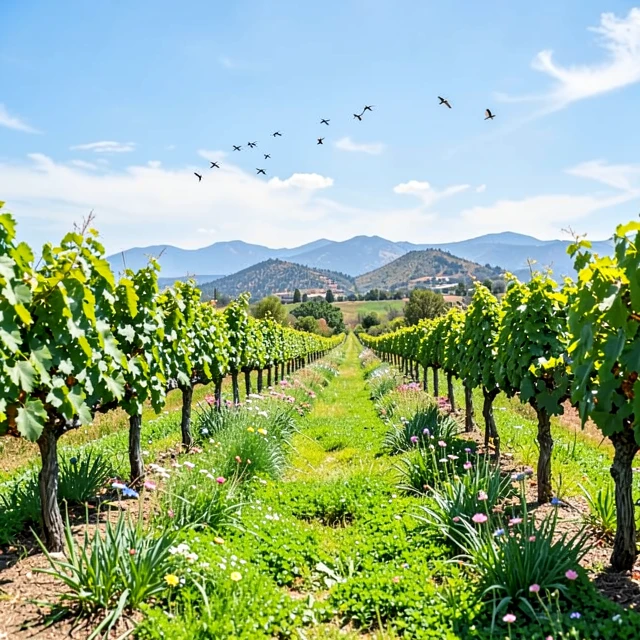 Vibrant sustainable vineyard with cover crops demonstrating regenerative practices