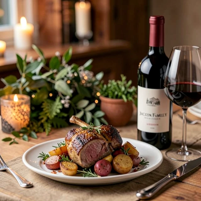 Roasted lamb dinner paired with red wine