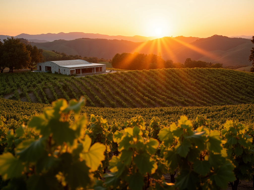 A sustainable vineyard at sunrise, highlighting eco-friendly practices.