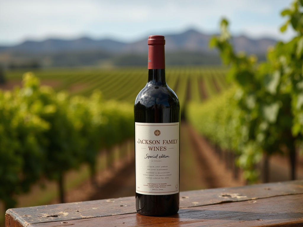 A beautifully labeled wine bottle from Jackson Family Wines’ special edition collection on a rustic wooden table.