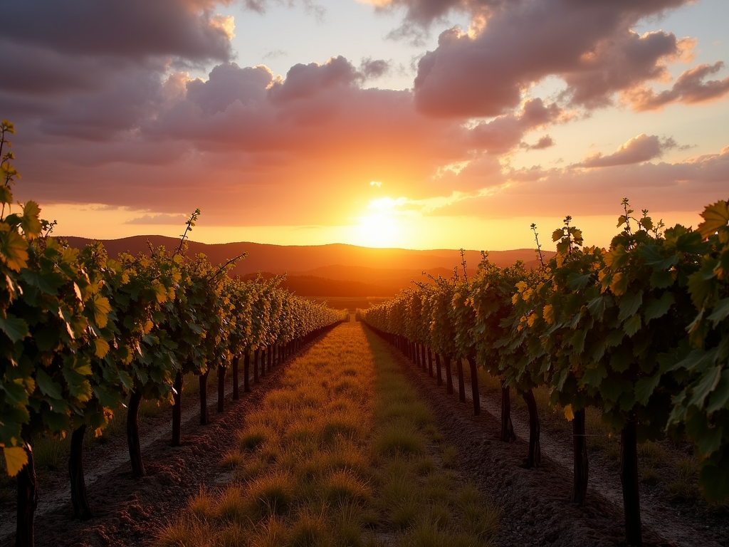 Vineyard sunset capturing terroir’s harmony