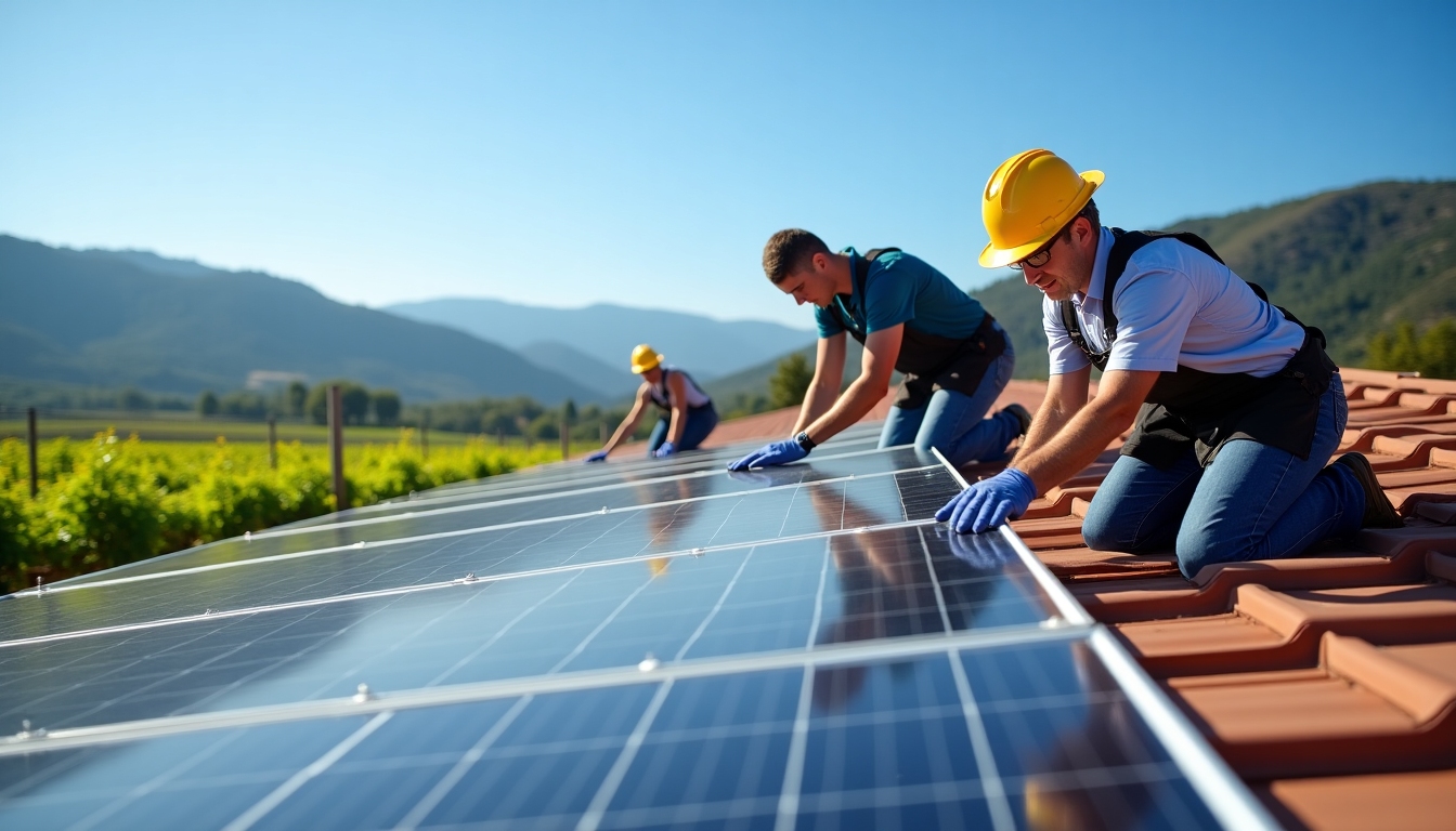 Workers installing solar panels at winery