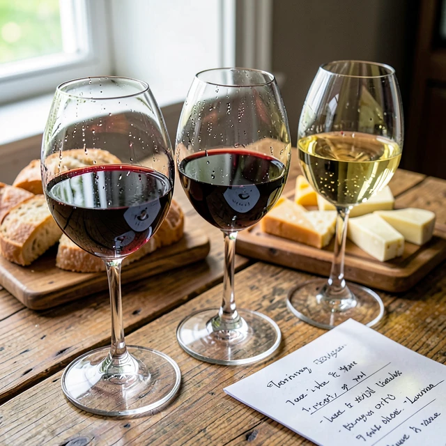 Professional wine tasting setup with glasses and notes on a wooden table