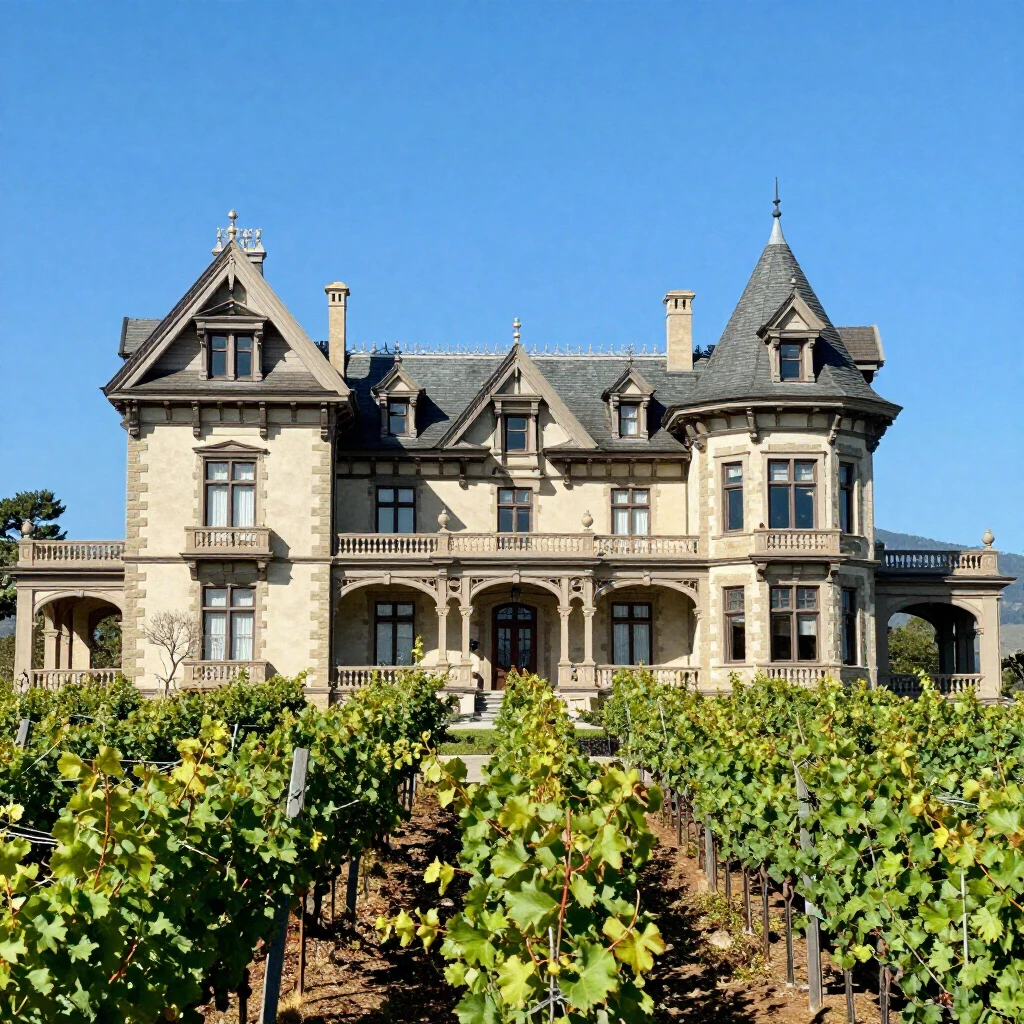 Iconic historic Beringer Winery building amid lush vineyards