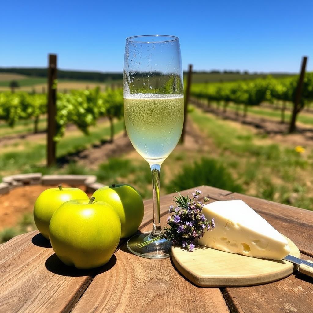 Glass of Sauvignon Blanc on a rustic table with apples and cheese in a vineyard.