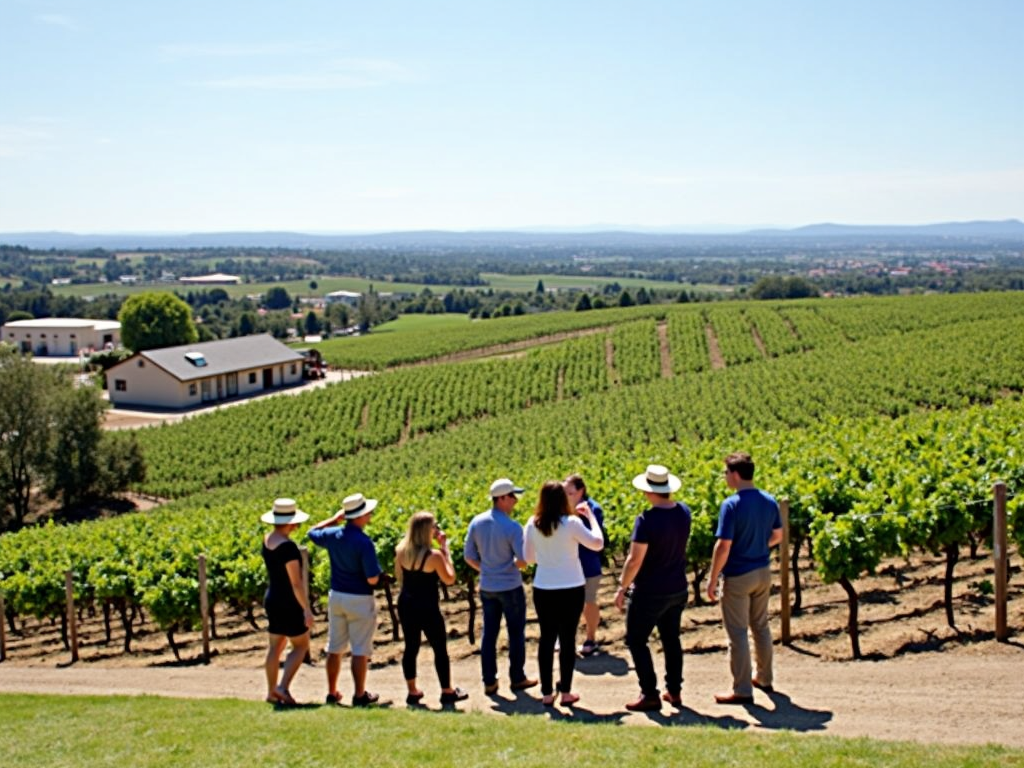 Visitors enjoying a guided vineyard tour at Opus One Winery, exploring the lush grapevines and idyllic landscape.