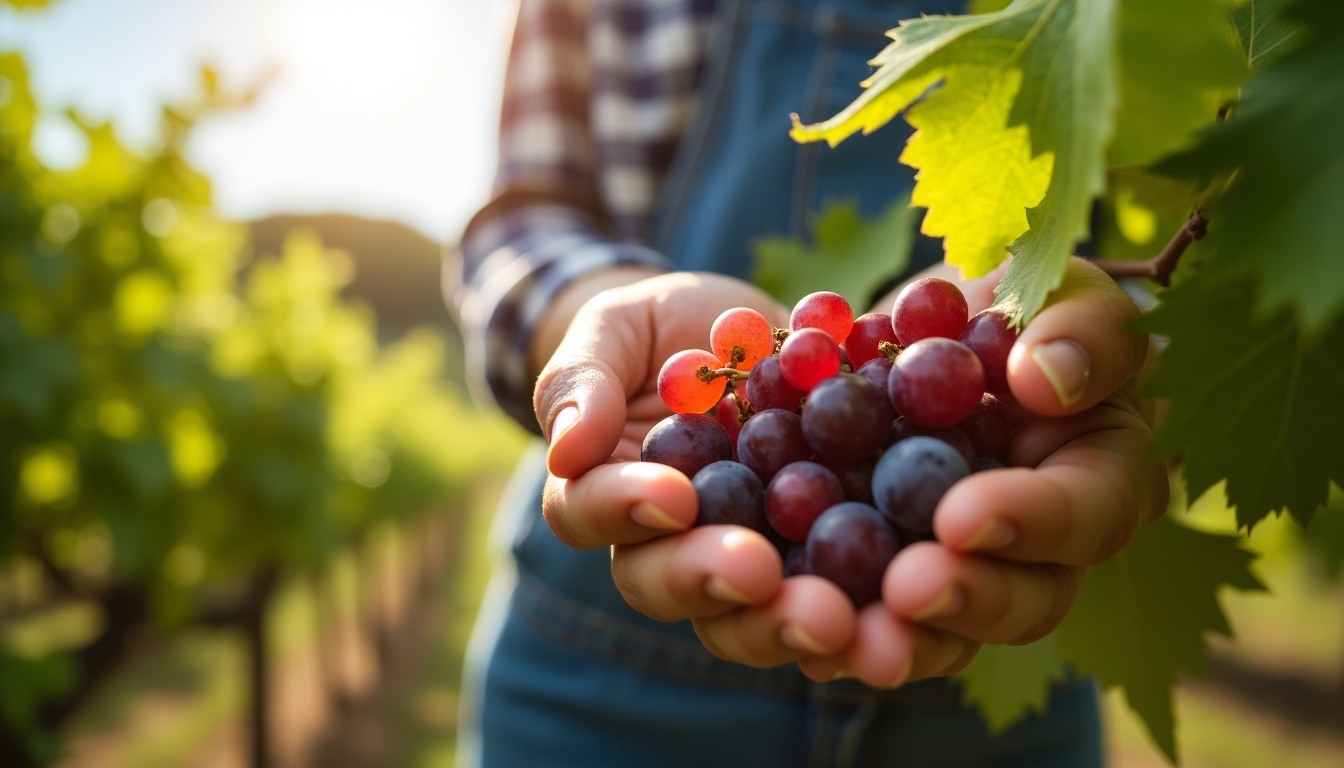 A winemaker inspecting grapes in a sustainable vineyard with solar energy in use.
