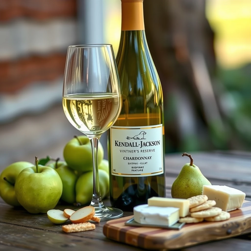 Kendall-Jackson Chardonnay bottle with wine glass, fruits, and cheese on a wooden table