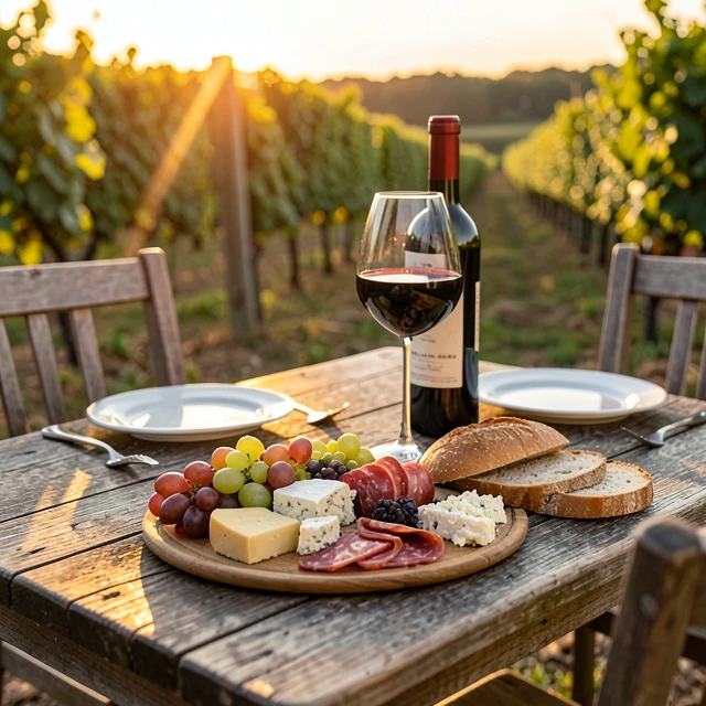 Elegant vineyard dinner setup with wine and charcuterie
