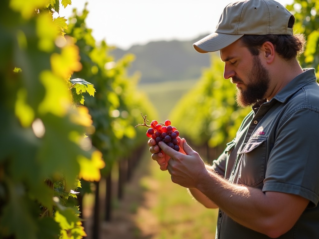 A winery employee carefully examines a bunch of grapes.