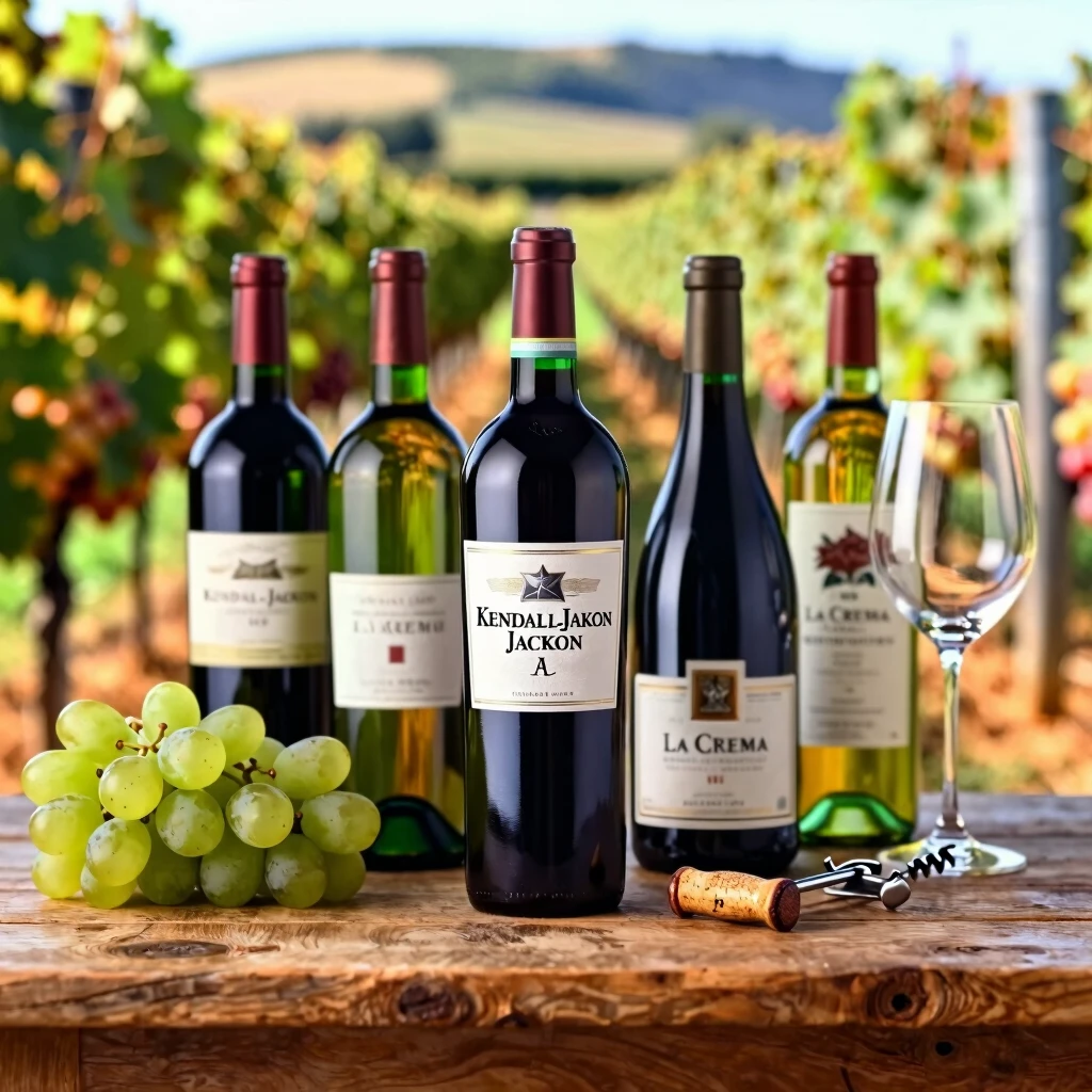 Collection of Jackson Family Wines bottles with grapes and accessories on table
