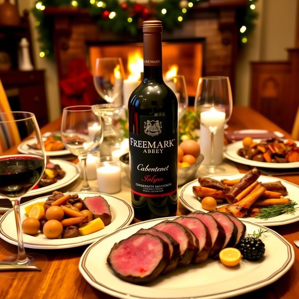 Holiday dining table with Freemark Abbey Cabernet Sauvignon and beef tenderloin