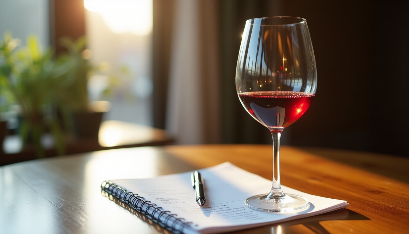 A glass of red wine on a tasting table, surrounded by notes and flavor profiles, emphasizing the tasting notes shared.