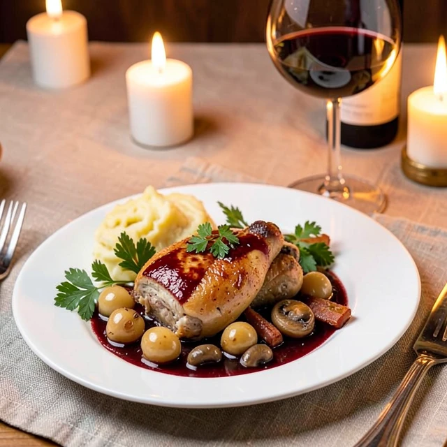 Plated Coq au Vin with red wine pairing