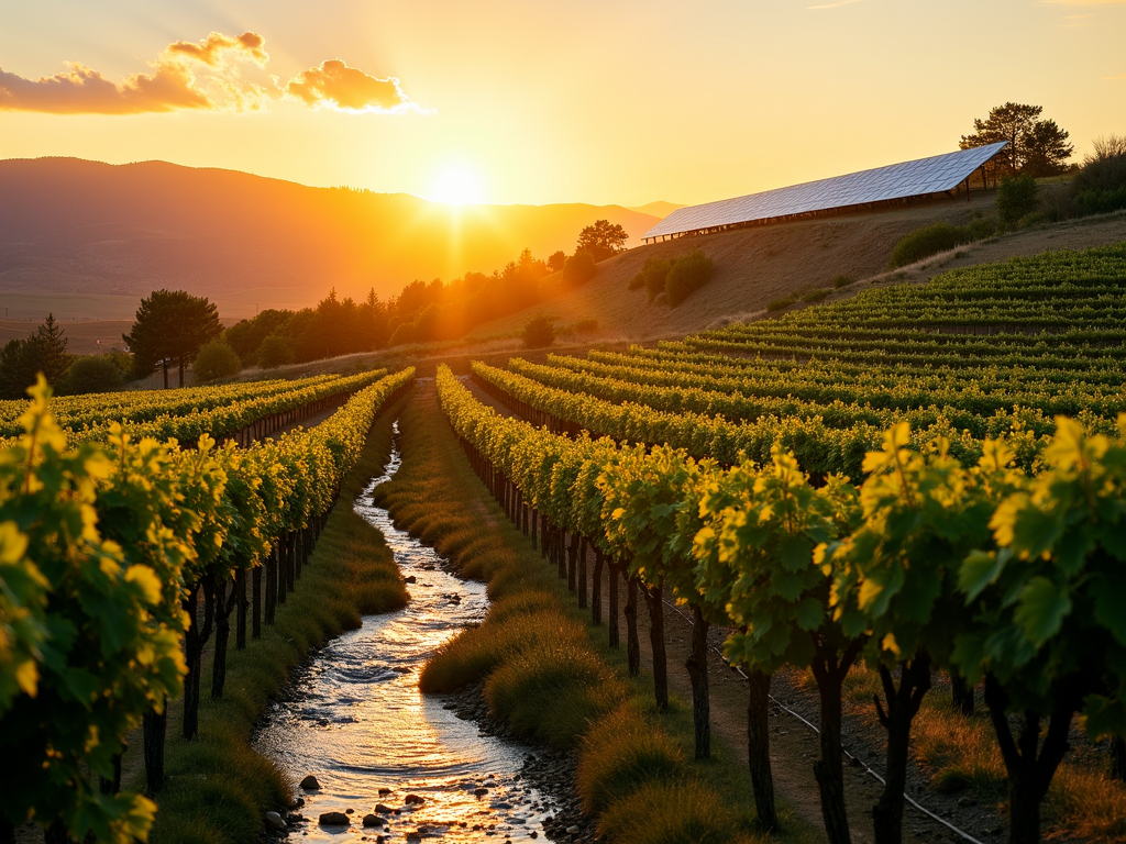 Vineyard with solar panels and a stream at sunrise