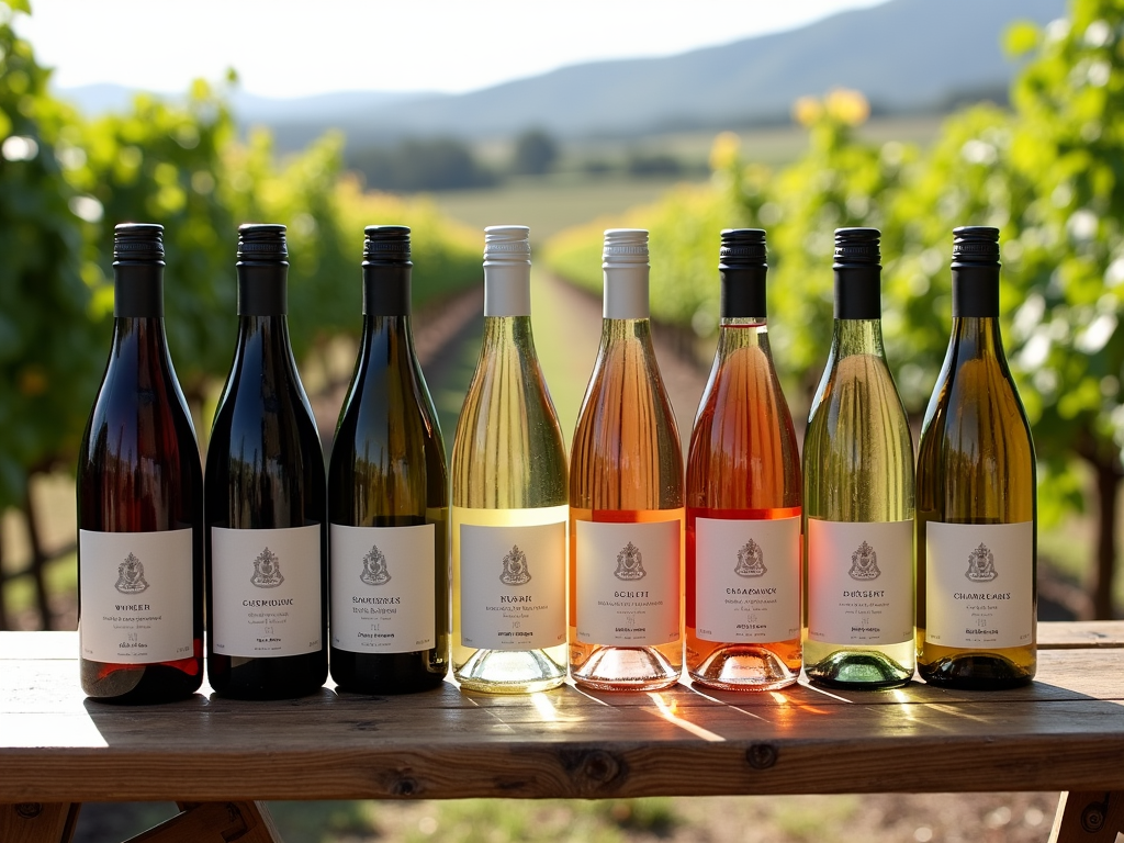 Variety of wine bottles on a table with a vineyard view.