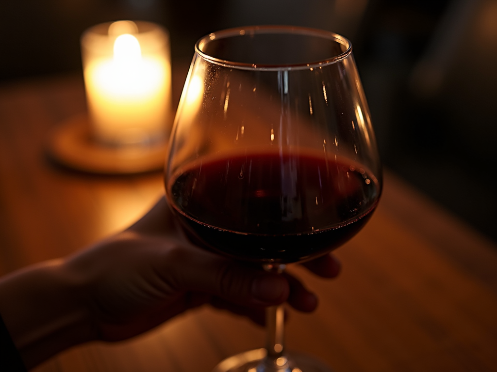 Close-up of red wine in a glass with candlelight reflection