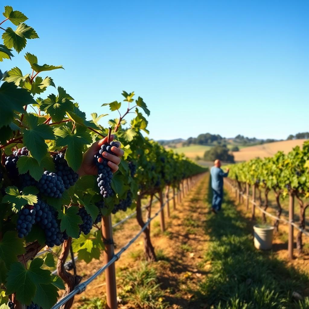 Workers harvesting Pinot Noir grapes in a Sonoma vineyard with drip irrigation and rolling hills.