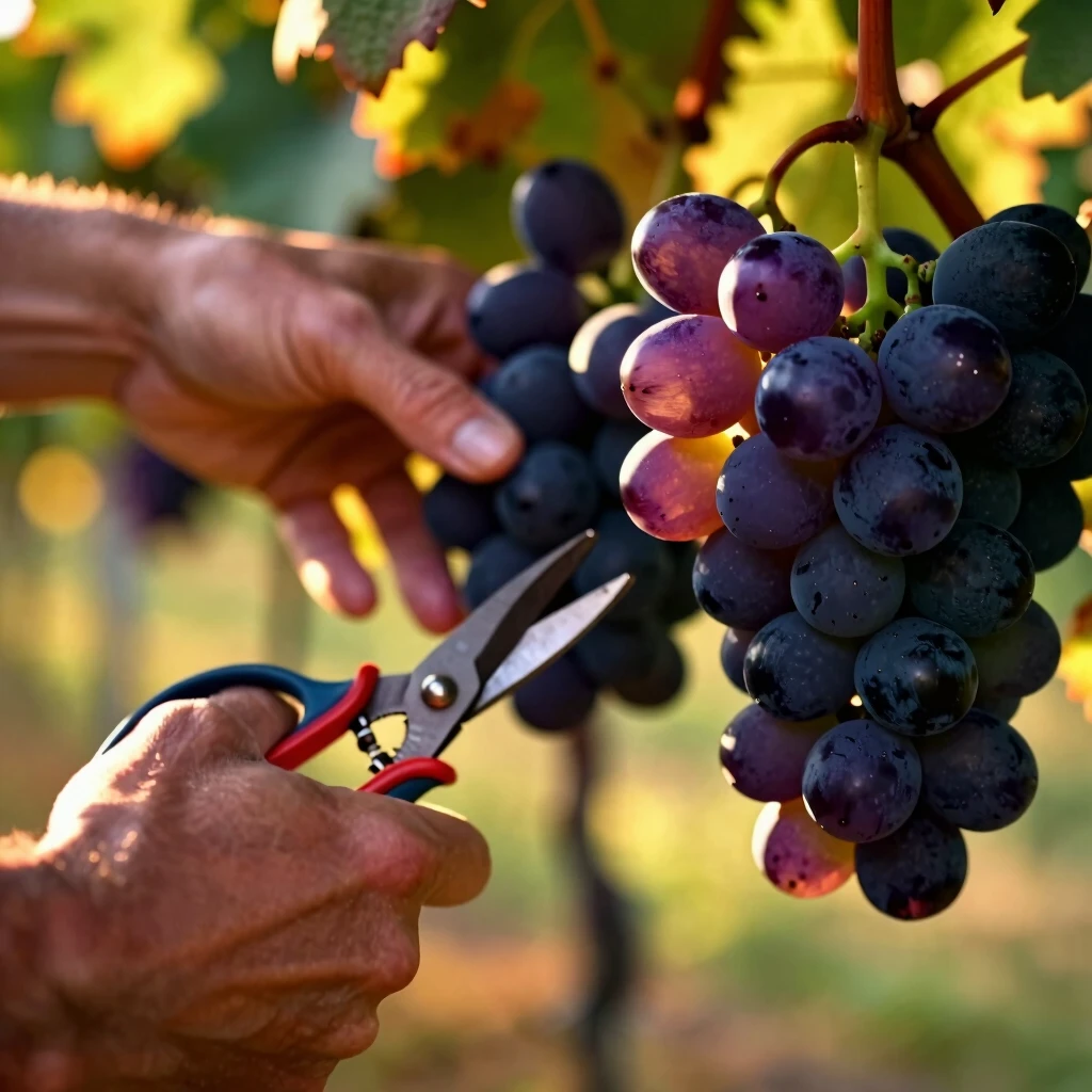 Hands carefully harvesting ripe grapes at sunset in a sustainable vineyard