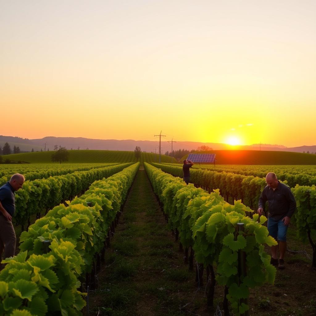 Sunrise over a sustainable vineyard with workers pruning grapevines and solar panels in the background.