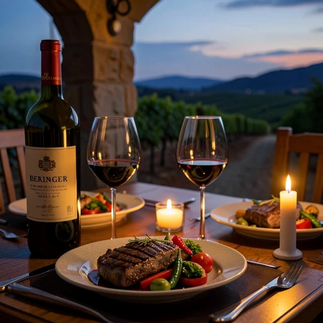Elegant dinner table pairing Beringer Merlot with grilled steak and sides