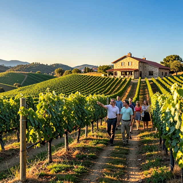 Tourists enjoying an iconic vineyard tour in Napa Valley with rolling hills and grapevines