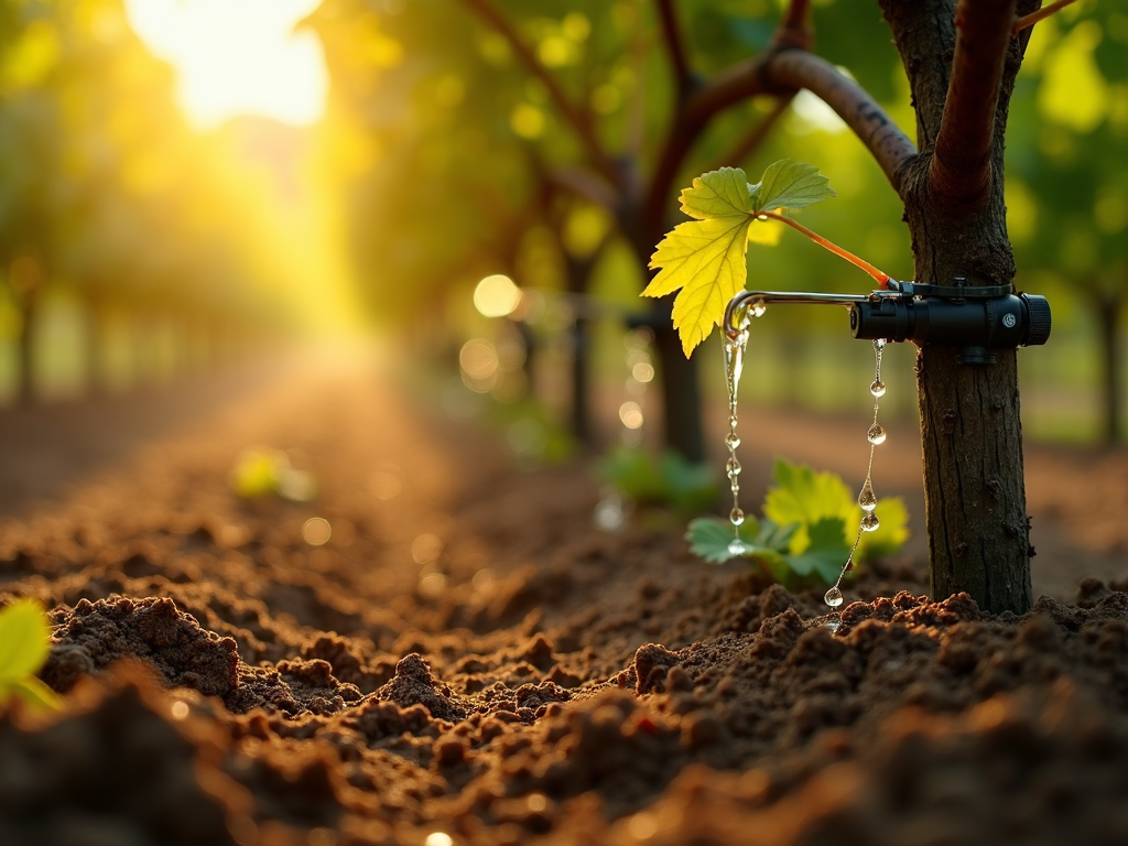 Drip irrigation watering grapevines