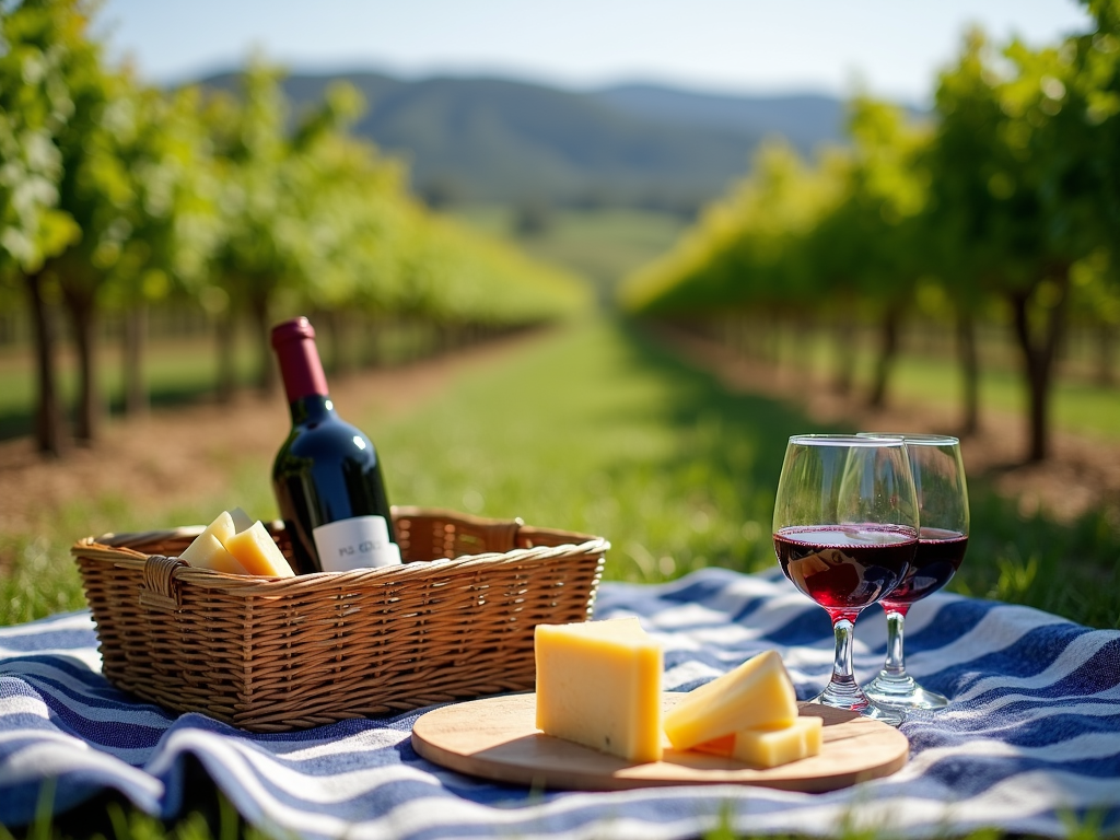 A serene picnic setup in the vineyards of Napa Valley, emphasizing the inviting and relaxing atmosphere of wine country.