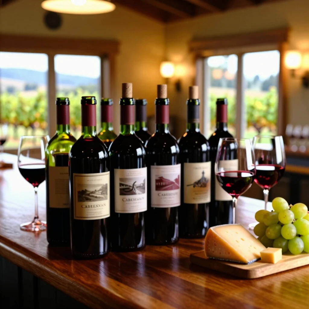 Wine tasting setup with Cabernet Sauvignon bottles and glasses in a Napa Valley tasting room