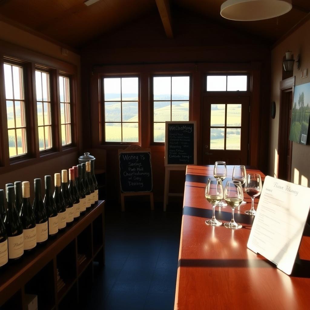 Cozy winery tasting room with Pinot Noir and Chardonnay bottles and vineyard views.
