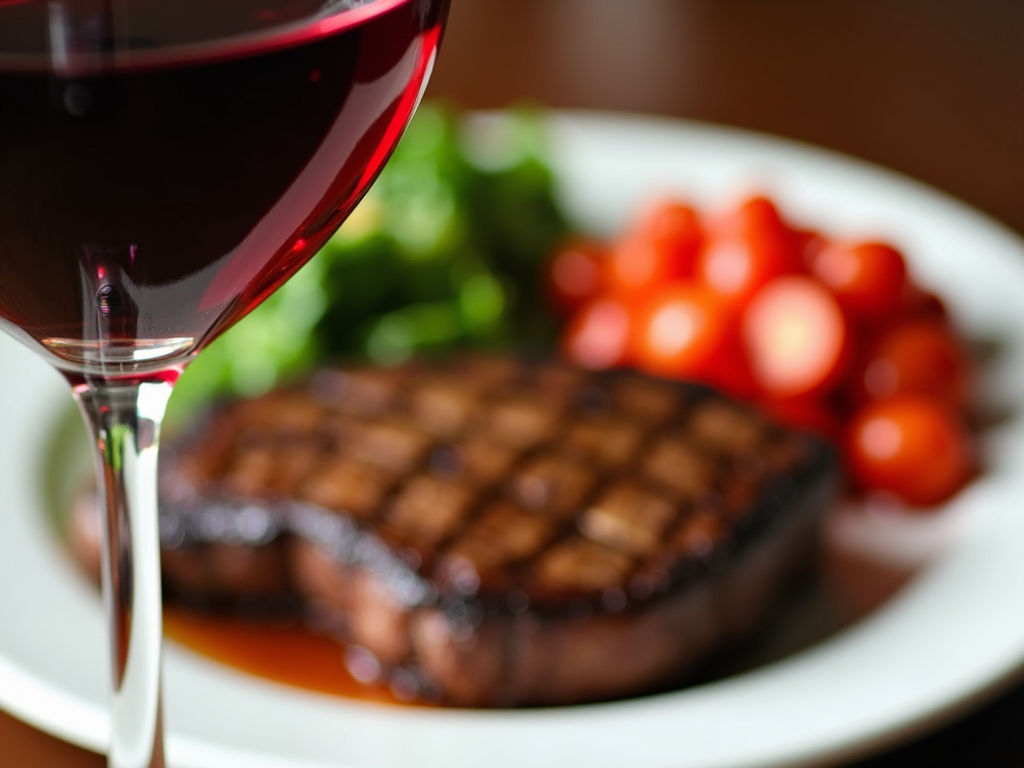 A glass of red wine paired with a grilled steak.