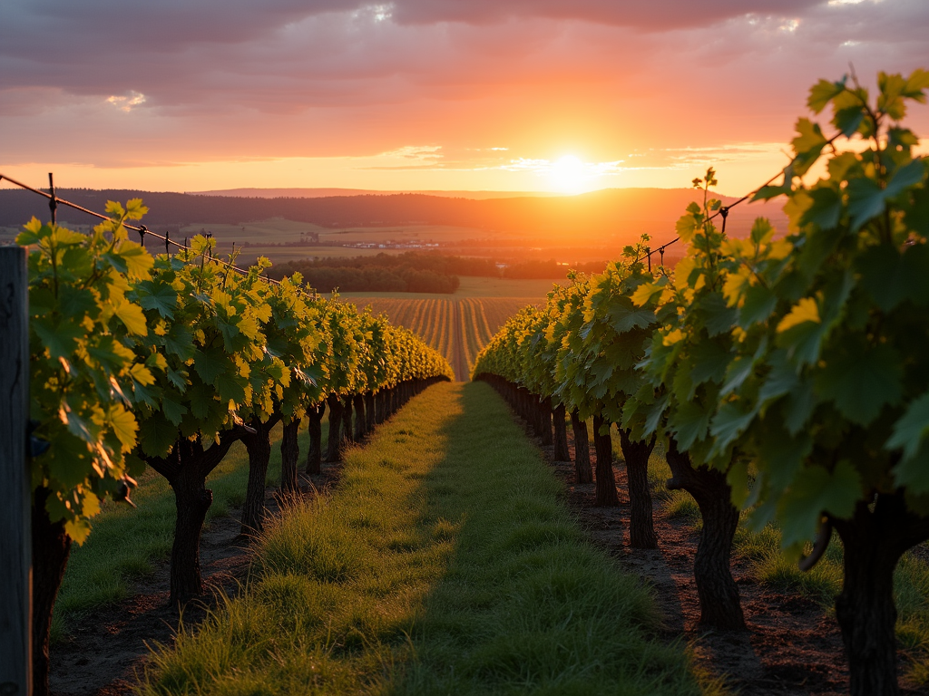 A vineyard at sunset, showcasing the beauty of wine country.