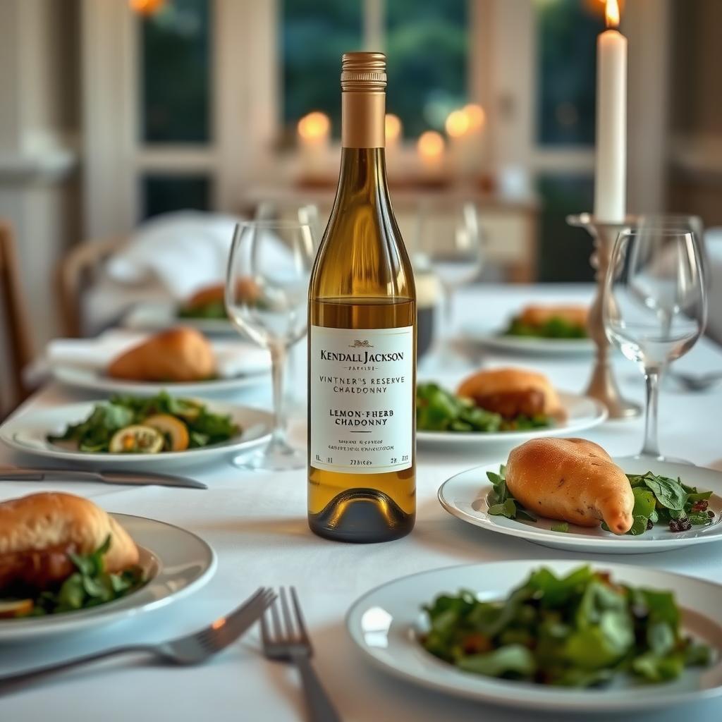 A dining table with Kendall-Jackson Chardonnay, lemon-herb chicken, and elegant tableware under warm candlelight.