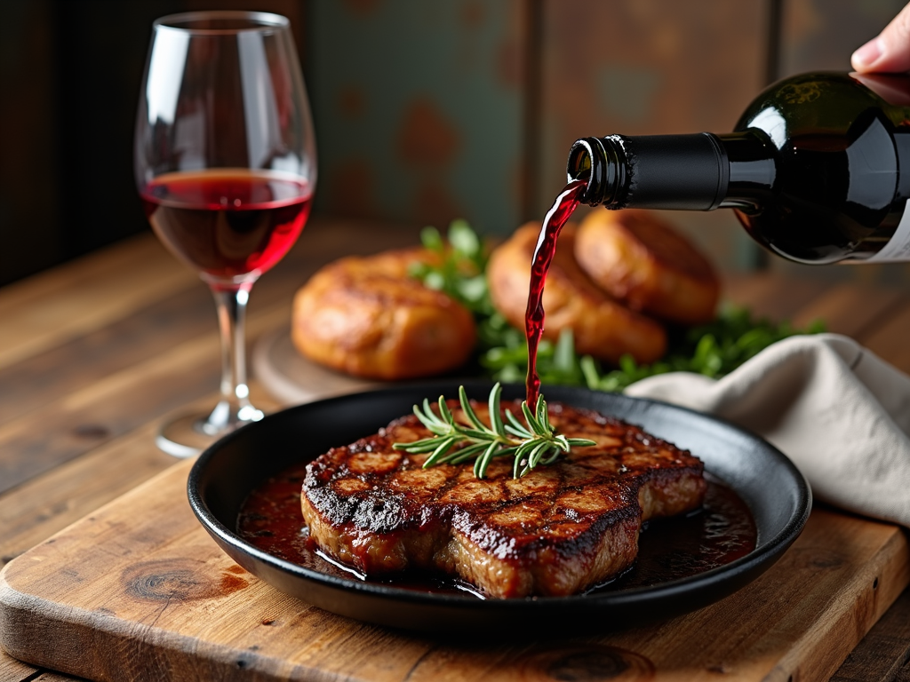 Pouring red wine into a glass with a steak dinner, showing a classic red wine pairing.