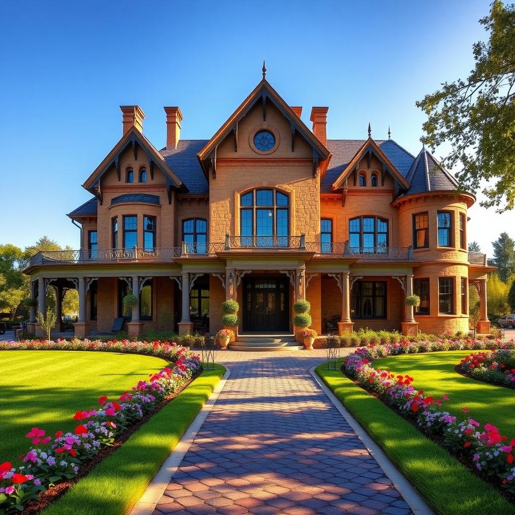 The historic Rhine House at Beringer Vineyards, a Victorian mansion with lush gardens and a cobblestone path.