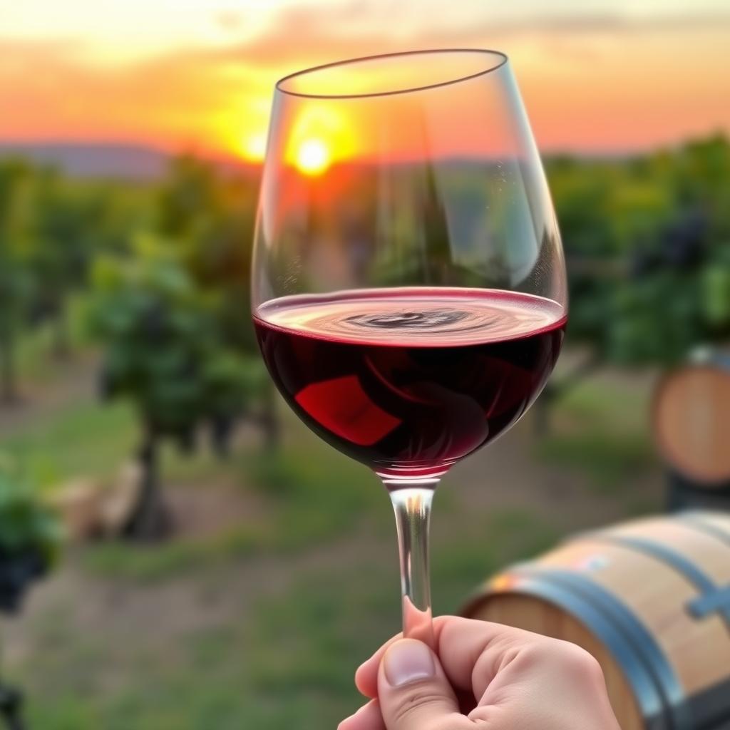 Hand swirling a glass of red wine with a vineyard at sunset in the background