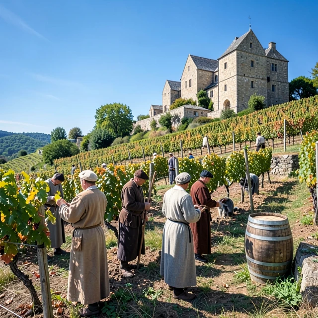 Monks tending vineyards in the Middle Ages