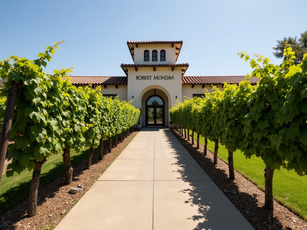 The exterior of Robert Mondavi Winery with its iconic entrance gate and vibrant vineyard backdrop.